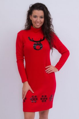 Szexi piros karácsonyi mintával díszített hosszú ujjú garbós ruha