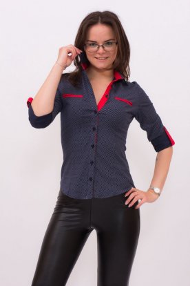 CATANIA női divatos kisméretű sötét kék pöttyös ing piros szegéllyel