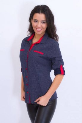 CATANIA női divatos kisméretű sötét kék pöttyös ing piros szegéllyel