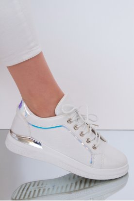 Stílusos női fehér színű csillámos felületű fűzős sportcipő hologramos résszel