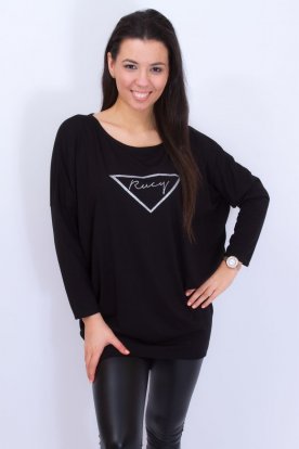 RUCY FASHION stilusos divatos hosszú ujjú fekete felső/tunika/ruha absztrakt díszítéssel