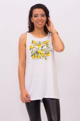 VIKTORIA MODA divatos fehér színű citromos nyomott mintával női hoszitott A-vonalú trikó