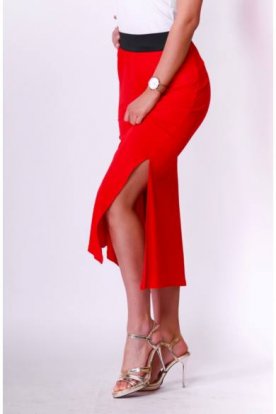 VIKTORIA MODA gumis derekú testhezálló fazonú oldalán felsliccelt maxi-szoknya