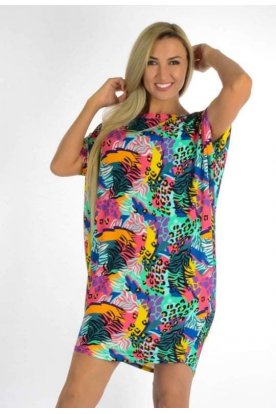 YESSTORY divatos színes anyagában párduc mintás női rövid ujjú tunika/miniruha