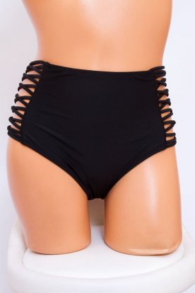 Divatos szexi magas derekú női fekete színű, oldalán fűzővel díszített bikini alsó