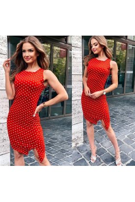VICTORIA MODA divatos pöttyös ujjatlan asszimetrikus aljú midi ruha