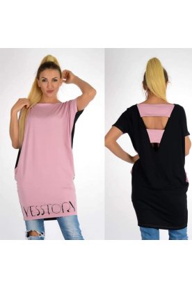 YESSTORY divatos hátul pántos és feliratal díszített kétszínű rövid ujjas és zsebbel ellátott bő fazonú felső