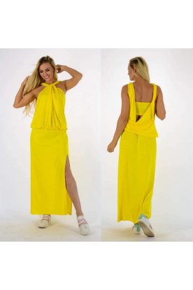 YESSTORY divatos hátán nyitott oldalt felsliccelt női egyszínű maxiruha