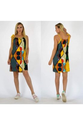 YESSTORY egyedi színes absztrakt mintával díszített elöl kivágott spagetti pántos női miniruha