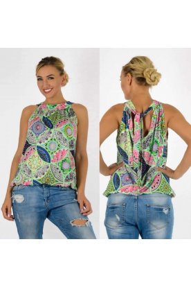 YESSTORY stílusos színes mandala mintával díszített hátul megköthető alján passzés női ujjatlan bő szabású felső
