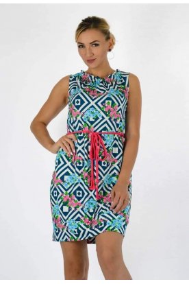 YESSTORY divatos nyakánál fodros derekán megköthető anyagában színes virágmintával díszített zsebes női ujjatlan miniruha/tunika