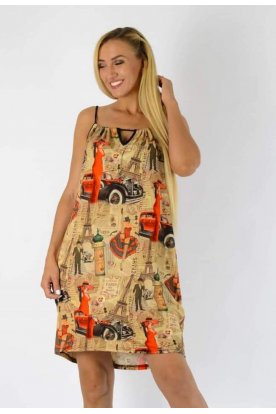 YESSTORY Francia mintával díszített spagetti pántos női miniruha elöl kivágással