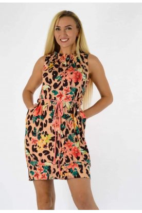 YESSTORY divatos párduc és virág mintával díszített nyakánál fodros derekán megköthető zsebes női ujjatlan miniruha/tunika