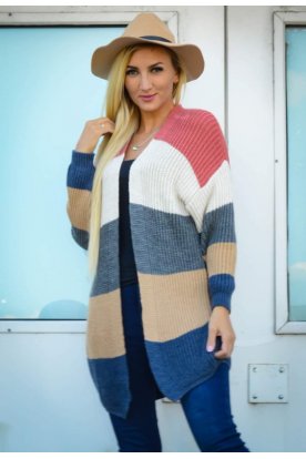 Stílusos színes csíkos hosszított kötött kardigán