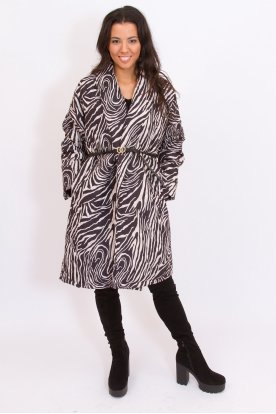 Stílusos zebra mintás hosszított átmeneti női kabát övvel