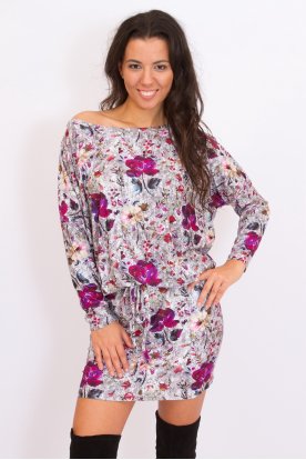 RUCY FASHION divatos derékban megköthető szürke alapon apró virág mintás női hosszú ujjú tunika/ mini ruha