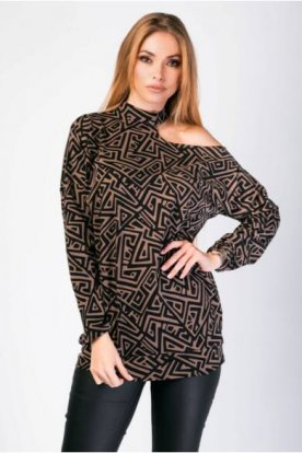 VIKTORIA MODA denevérujjú, magas nyakú mintás felső