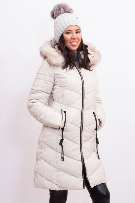 Női divatos hosszított karcsúsított téli kabát ujján cipzár díszítéssel