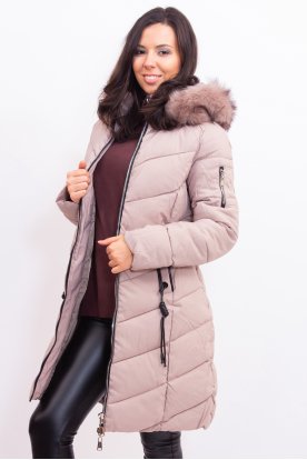 Női divatos hosszított karcsúsított téli kabát ujján cipzár díszítéssel