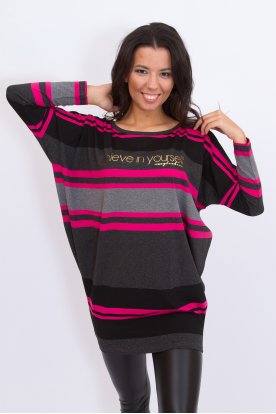 RUCY FASHION stílusos női csíkos mintás feliratos hosszú ujjú bő fazonú hosszított felső