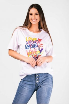 VICTORIA MODA nyomott divatos grafika mintával díszített rövid ujjú bő szabású póló