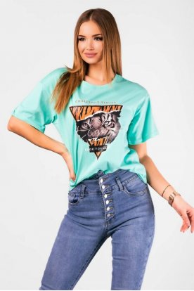 VICTORIA MODA divatos nyomott háromszög és tigris mintával díszített rövid ujjú bő szabású póló