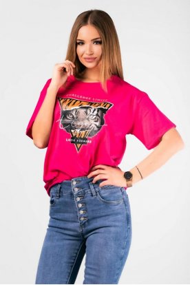 VICTORIA MODA divatos nyomott háromszög és tigris mintával díszített rövid ujjú bő szabású póló