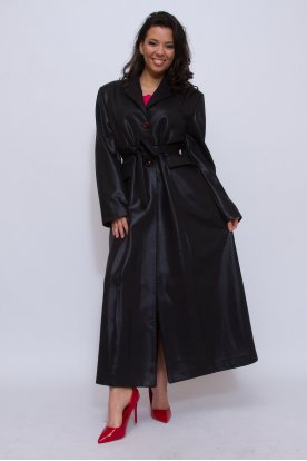 Divatos elegáns bőrhatású derékban megköthető hosszú női kabát hátul felsliccelt résszel