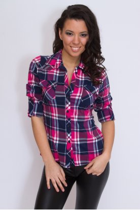 CATANIA Divatos női karcsúsított roll up ujjú rózsaszín- kék kockás ing