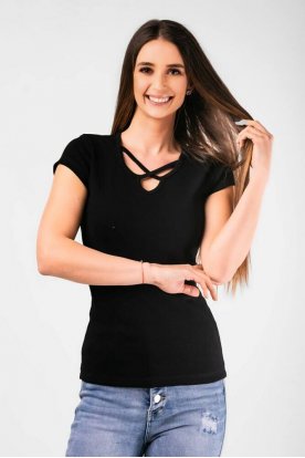 VICTORIA MODA divatos bordázott keresztpántos rövid ujjú felső