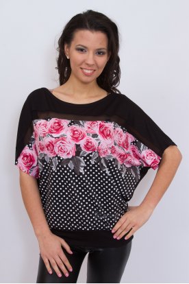 RUCY FASHION Stílusos pöttyös és virág mintás tüll betétes passzés aljú rövid ujjú bő fazonú felső