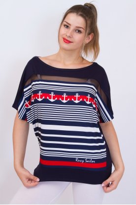 RUCY FASHION csíkos és horgony mintás tüll betétes passzés aljú rövid ujjú felső