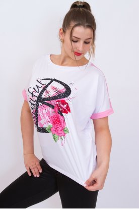 RUCY FASHION divatos gumis derekú rövid ujjú felső - BEAUTIFUL írással és virág mintával