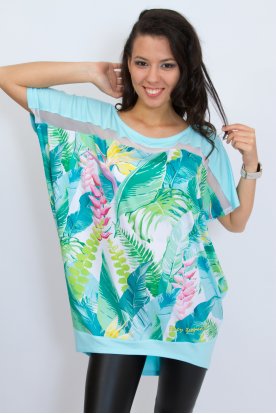 RUCY FASHION Extra nagy méretű divatos trópusi mintás lezser rövid ujjú felső tüll betéttel