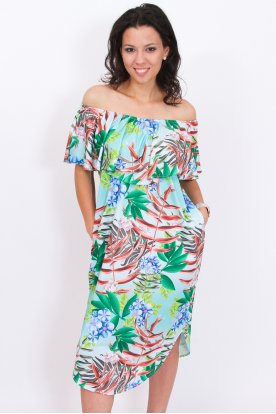 RUCY FASHION Divatos amazon mintás pelerines gumis vállú bő fazonú zsebes midi ruha