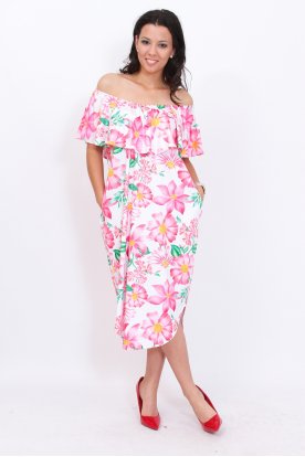 RUCY FASHION Divatos rózsaszín virág mintás pelerines gumis vállú bő fazonú zsebes midi ruha
