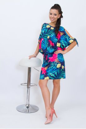 RUCY FASHION divatos női trópusi mintás nyitott vállú derékban megköthető tunika