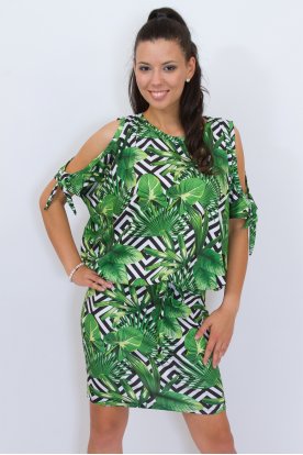 RUCY FASHION divatos női fekete kockás nyitott vállú zöld pálmalevél mintás tunika
