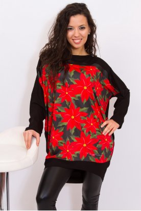 RUCY FASHION Extra nagy méretú divatos hosszú denevér ujjú mikulás virág mintás lezser női felső logóval