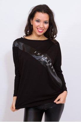RUCY FASHION divatos hosszú ujjú bőrbetétes gumis aljú fekete színű női felső