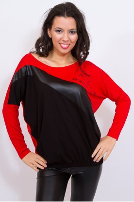 RUCY FASHION divatos hosszú ujjú bőrbetétes gumis aljú piros/ fekete színű női felső