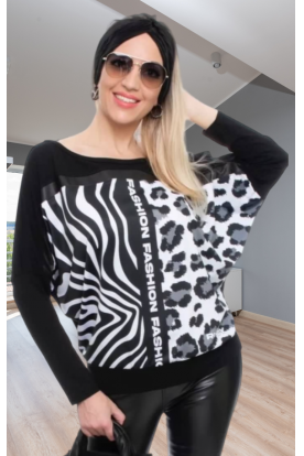 RUCY FASHION divatos hosszú ujjú zebra/ leopárd mintás gumis aljú fekete színű női felső