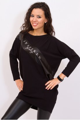 RUCY FASHION hosszított fekete bőrbetétes lezser hosszú denevér ujjú női felső logóval
