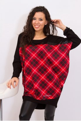 RUCY FASHION Extra nagy méretú divatos hosszú ujjú piros-fekete skót kockás lezser női felső logóval