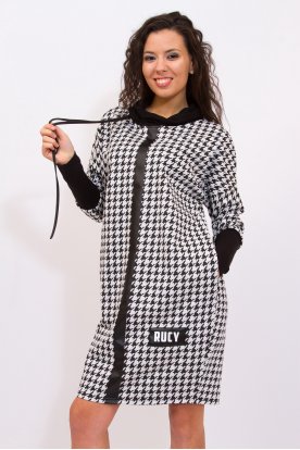 RUCY FASHION Stílusos hosszú ujjú tyúkláb mintás kámzsás nyakú oldalt zsebes hosszában bőr díszítéses mini ruha/ tunika