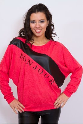 RUCY FASHION Hosszú ujjú BONJOUR írassal ferdén bőrbetétes passzés aljú felső