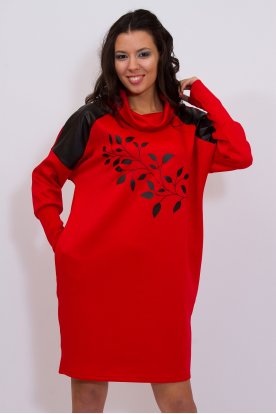 RUCY FASHION Divatos kámzsás nyakú oldalt zsebes nyomott levél mintával és vállán bőrbetéttel díszített hosszú passzés ujjú ruha