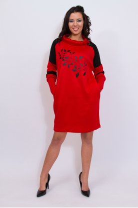 RUCY FASHION Divatos kámzsás nyakú oldalt zsebes nyomott levél mintával és vállán bőrbetéttel díszített hosszú passzés ujjú kötött ruha