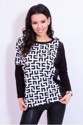 RUCY FASHION Stílusos hosszú ujjú gumis derekú labirintus mintás női felső bőrbetétes díszítéssel