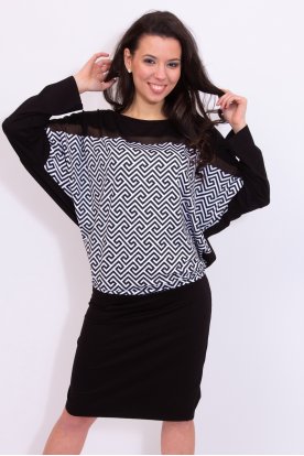 RUCY FASHION Extra nagy méretű stílusos denevér fazonú zsebes fekete-labirint mintás hosszú ujjú mini ruha/ tunika